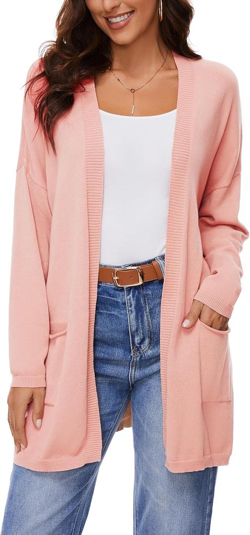 Women's 100% Cotton Lightweight Open Front Cardigans with Pockets Oversized Knit Casual Sweaters Outwear (Lightpink), Size XL