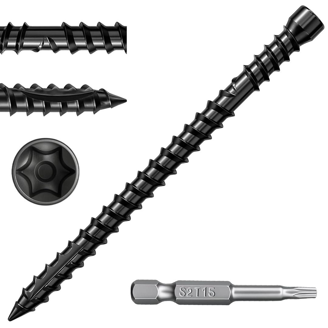 FMhotu #10 x 1-7/8" Hidden Deck Screws, 350Pcs Star Drive Countersunk Wood Screws, Rust Resistant Timber Screws, T15 Star Bit Included, Black