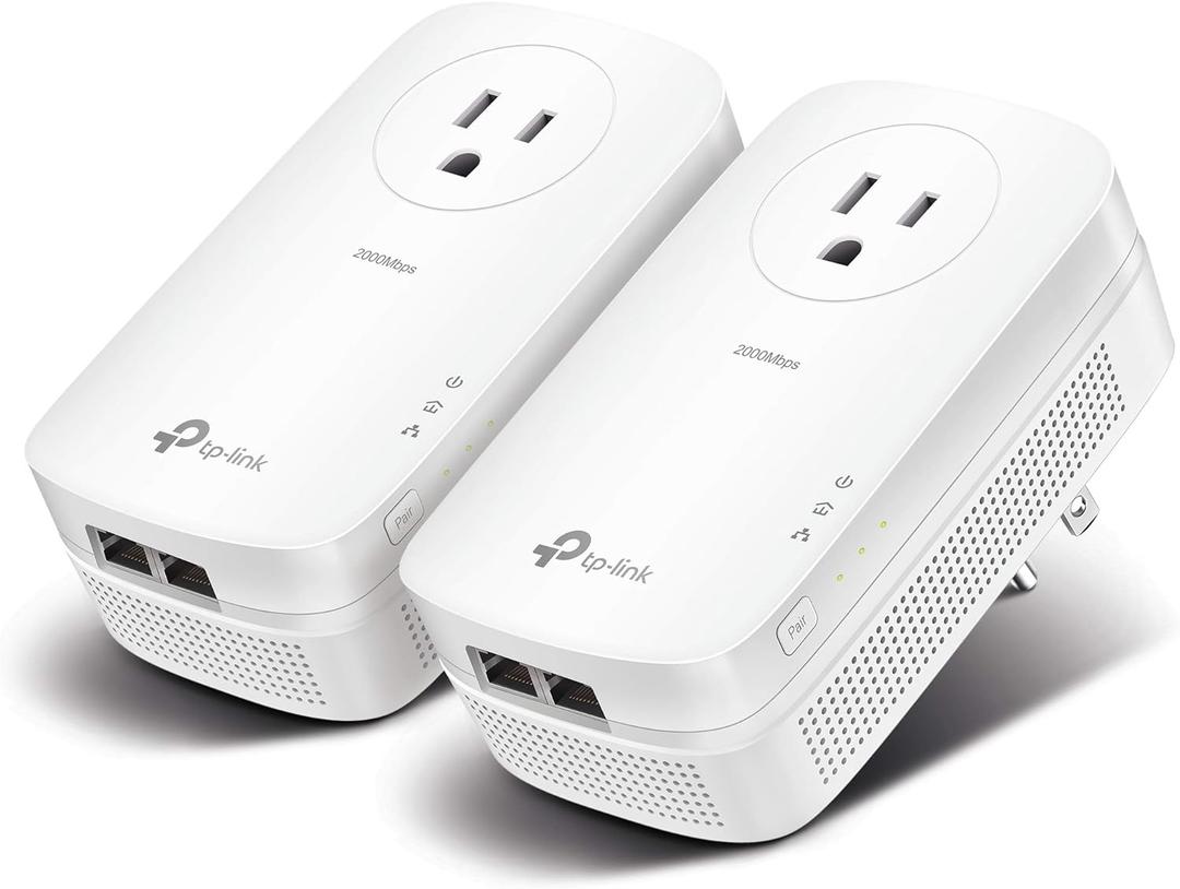 TP-Link AV2000 Powerline Ethernet Adapter TL-PA9020P KIT - Powerline Network Adapter w/ Passthrough, Noise Filter, 2x2 MIMO, 2 Gigabit Ports, Ethernet Over Power, Plug Pair & Play, Power Saving Mode