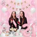 Trgowaul 21st Birthday Decorations for her, Pastel Light Pink and White Happy 21st Birthday Supplies for Girls, 21 Sash and Crown, Banner, Fringe Curtains, Cake Topper, 21 Year Old Party Supplies Set