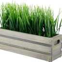 MyGift 12 Inch Artificial Green Grass Plant in Vintage Gray Brown Solid Wood Planter Box, Faux Greenery in Decorative Rectangular Crate Style Container