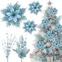 22 Pcs Christmas Tree Decorations Set 8 Pcs Poinsettia Flowers Artificial with Clips 14 Pack Glitter Berries Stems Floral Picks Christmas Ornaments for Holiday Wreath Party Decor(Blue)
