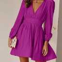 FAIABLE Mini Deep V Sexy Long Sleeve Dress for Women A-line High Waisted Casual Flowy Dress for Cocktail Wedding Guest (Purple, S)