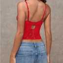 SHENHE Women's Mesh Lace Bustier Corset Top Deep V Neck Spaghetti Strap Fitted Crop Cami Tank (Red, M)