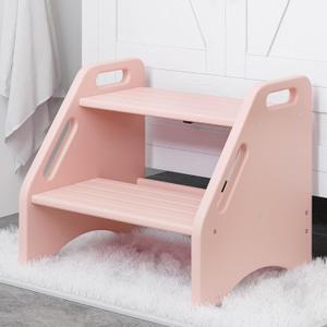 AMBIRD Wooden Step Stool, Two Step Stools Toddler 300 lbs Capacity with Safety Non-Slip Pads and Handles, Bamboo Step Stool for Bathroom, Kitchen Dual Height Step Stools for Kids (Pink) (13.2'' H)