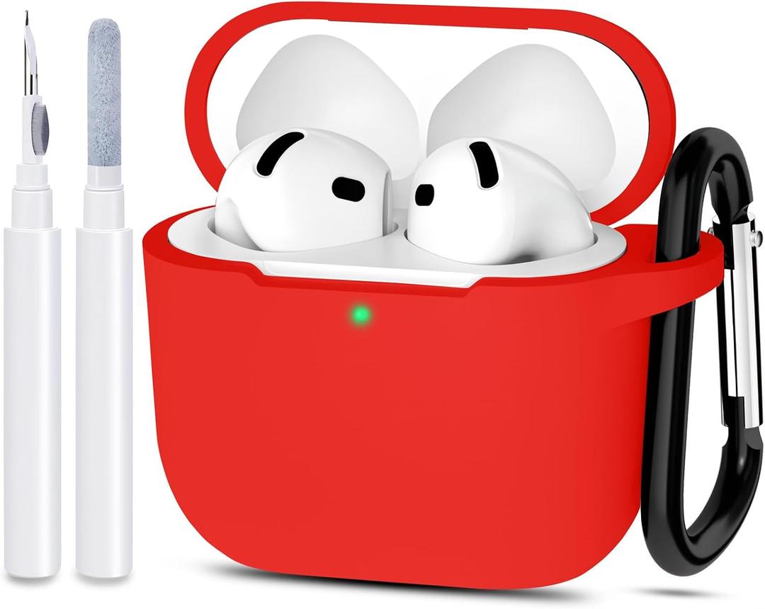 Compatible with AirPods 4 Case Cover, Protective Silicone Skin Accessories with Keychain for Women Men for Apple AirPods 4th Generation Case(2024), Front LED Visible, Red
