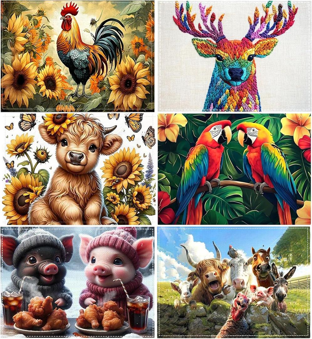Colorful PoultryAnimals The Four Seasons Placemats Set of 6-12 X 18 Inch - Seasonal Holiday Decoration Place Mats Stain Resistant Wipeable Table Mats for Party Outdoor Dining Holiday