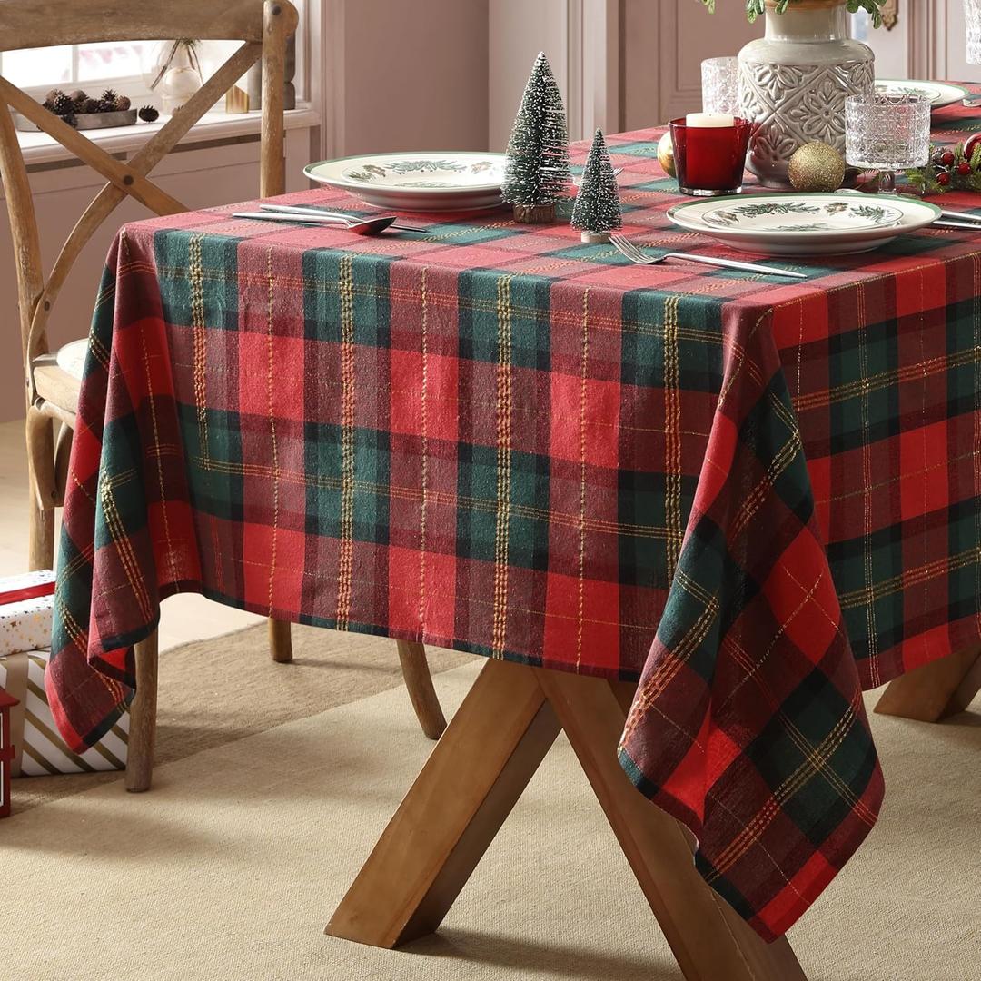Home Bargains Plus Dancer Plaid Fabric Tablecloth, 60 x 84 Inch Rectangle, Red and Green Holiday Check Pattern, 100% Cotton Blend Christmas Table Cover for Festive Dining and Seasonal Decor