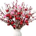 Yunfan 6Pcs Valentines Day Decorations Valentines Decor Red Pink White Heart Shaped Berry Picks Artificial Flowers for Valentines Day Gifts Wedding Home Decor 17in