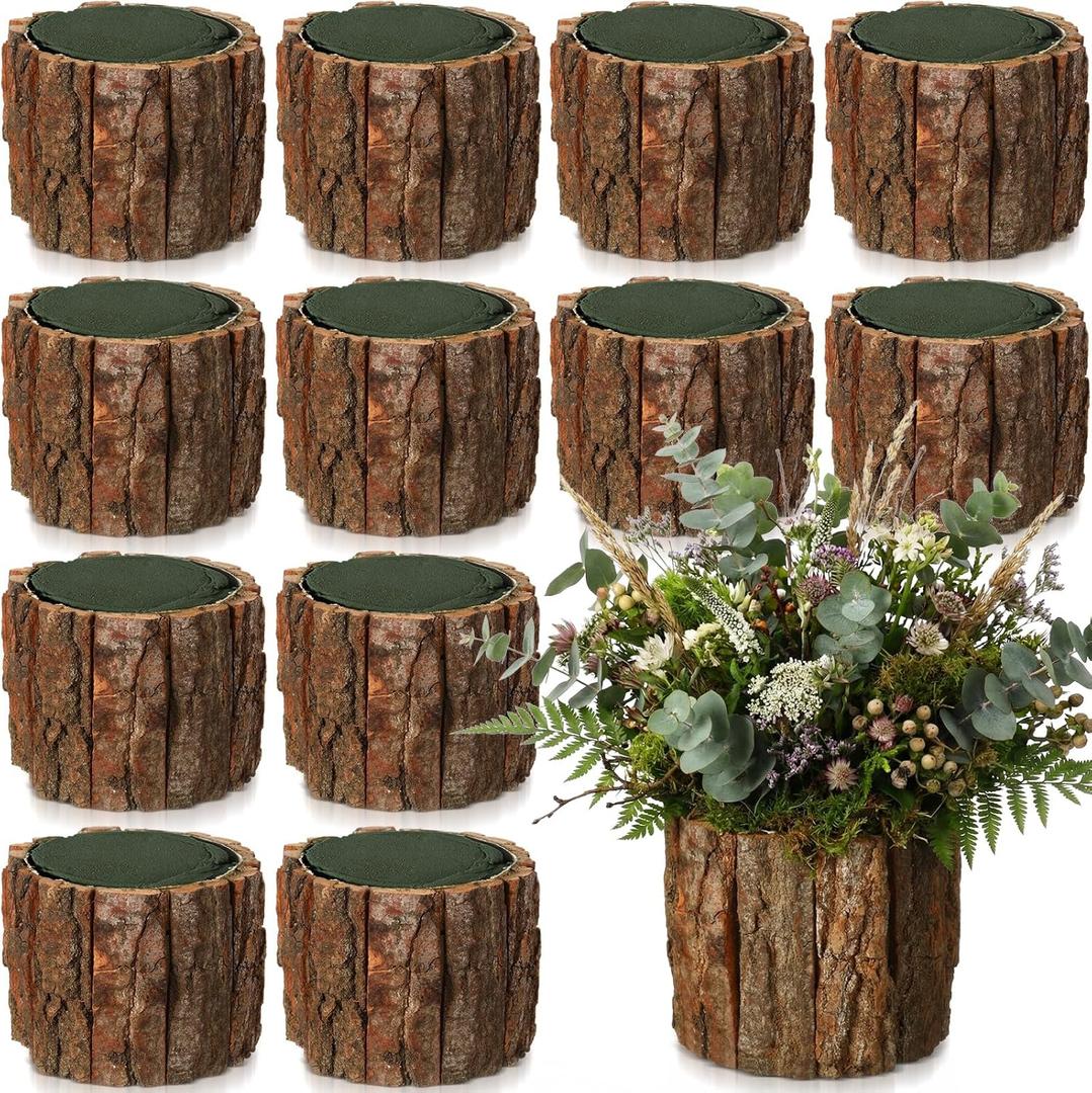 12 Set Wooden Vase for Centerpieces Wedding Flower Table Centerpieces Decor Rustic Bark Stump Bucket Farmhouse Wood Planter Pot for Woodland Party Window Home (Flower Foam,Medium)