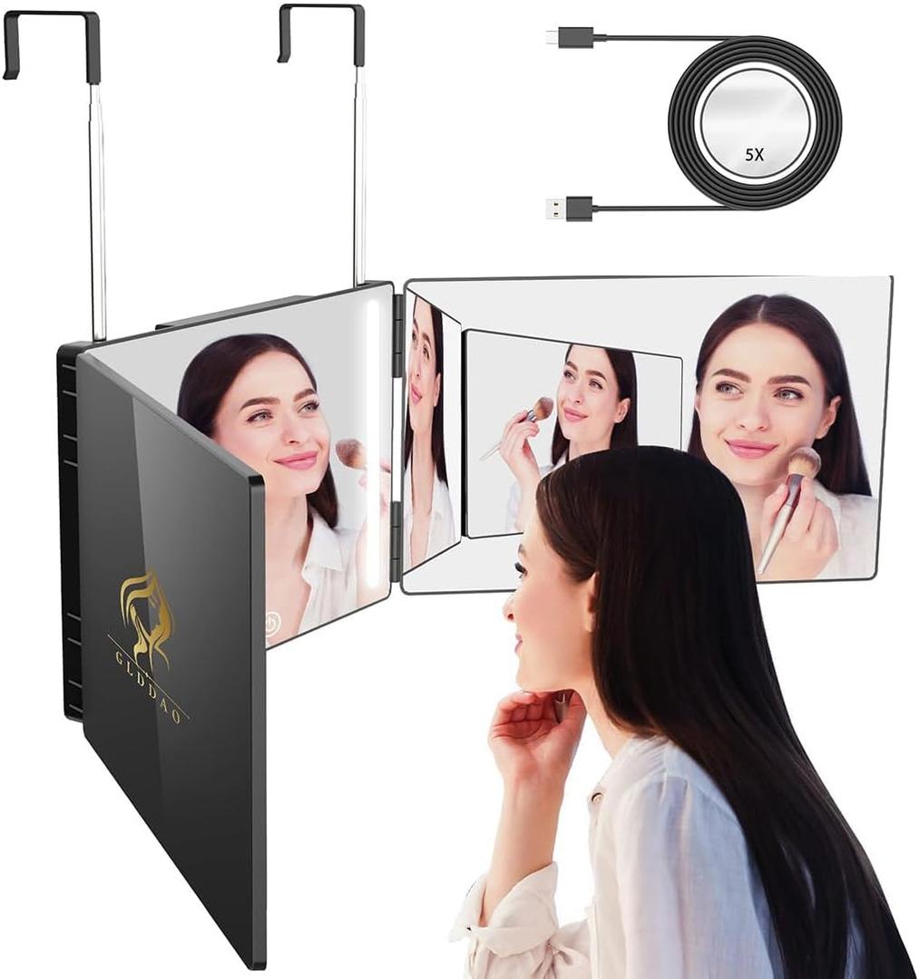 Three Way Mirror for Braiding Hair LED Lighted Trifold 360 Mirror for Women for Braiding Haircuts for Men Self Cut Shaving Barber Hair Cutting Tools (Black With Led)