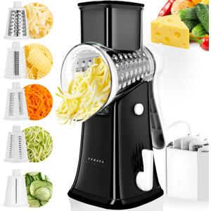 Rotary Cheese Grater, 5 in 1 Rotary Grater, Replaceable Stainless Blades Cheese Shredder, Cheese Slicer, Cheese Grater Hand Crank, Easy to Clean Kitchen Gadgets with Storage Box (Black)