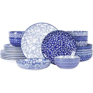 Selamica Ceramic Dinnerware Sets for 6, 24 Piece Plates and Bowls Sets, Highly Chip and Crack Resistant Dishes Set-Dishwasher & Microwave & Oven Safe, Vintage Blue
