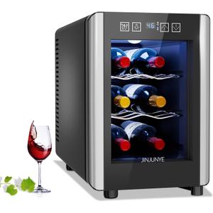 6 Bottle Wine Cooler, Wine Fridge Small with Digital Temperature Control, 46-65, Countertop Wine Cooler Refrigerator, Mini Freestanding Wine Cellars Glass Door, Thanksgiving, Christmas Gift