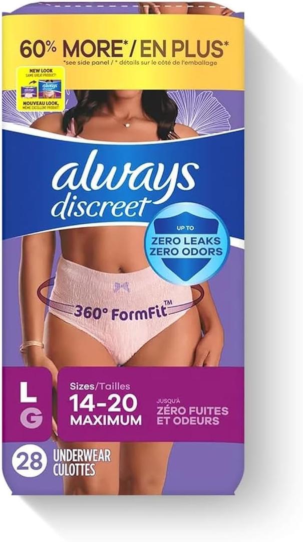 Always Discreet Adult Diapers for Women, Incontinence Underwear, Postpartum Essentials, Disposable Briefs, Max Absorbency, Bladder Leak Protection, Large, 28ct
