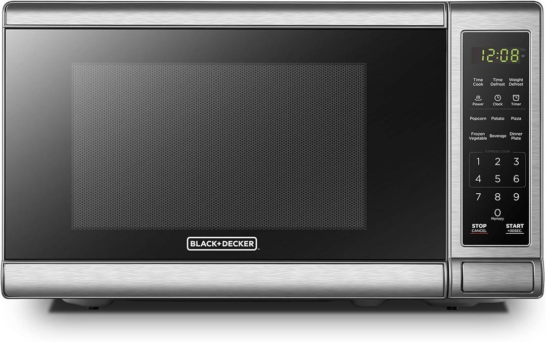 BLACK+DECKER EM720CB7 Digital Microwave Oven with Turntable Push-Button Door, Child Safety Lock, 700W, Stainless Steel, 0.7 Cu.ft