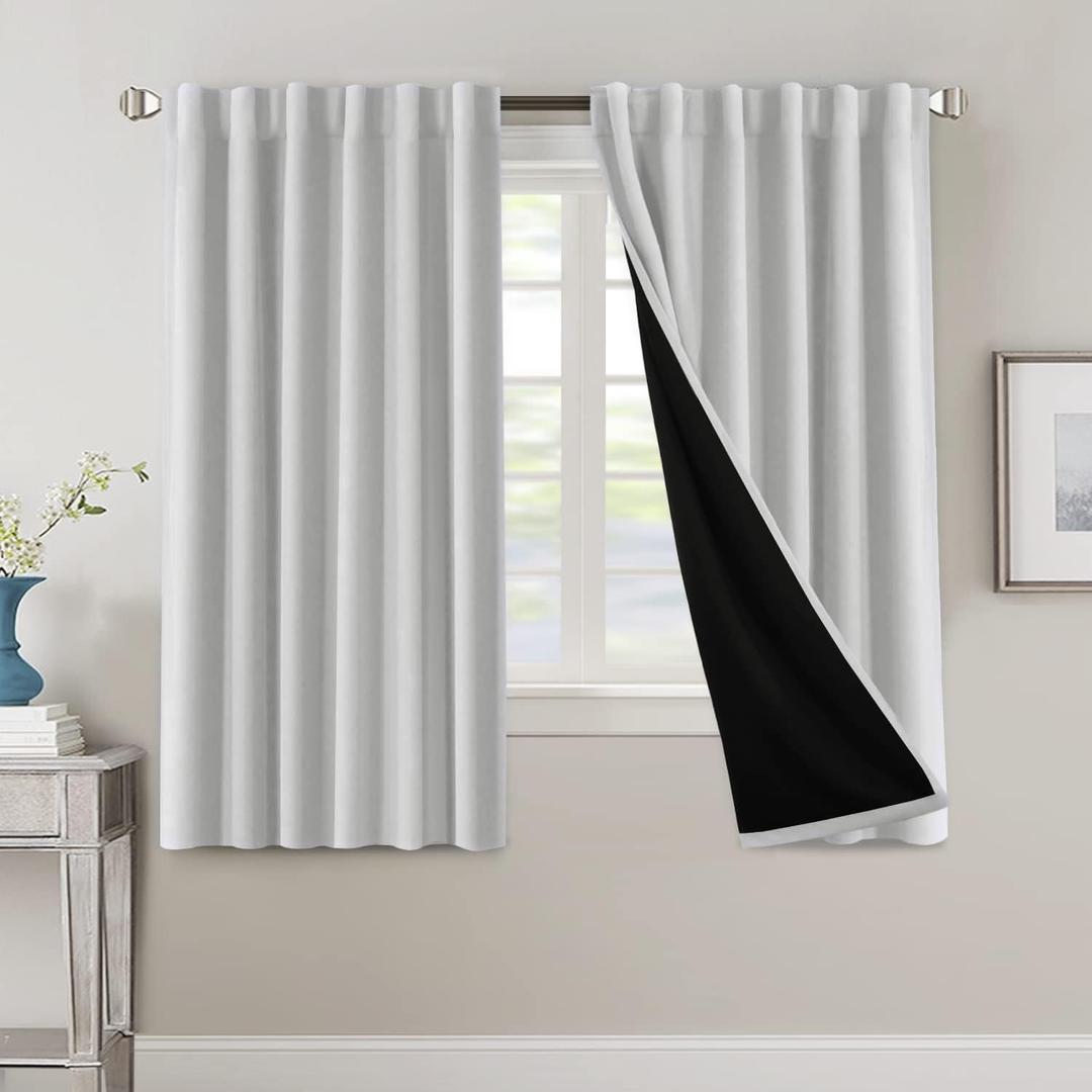 H.VERSAILTEX 100% Blackout Curtains for Bedroom with Black Liner Full Room Darkening Curtain 63 Inch Long Thermal Back Tab/Rod Pocket Window Treatment Drapes for Living Room, 2 Panels, Greyish White