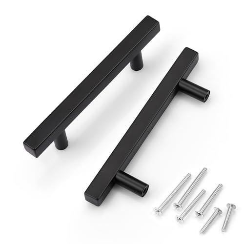 KNOBWELL 10 Pack 3-1/2" Black Kitchen Cabinet Pulls Square, 90mm Hole Center Stainless Steel Black Dresser Drawer Pulls 5-3/5" Overall Length