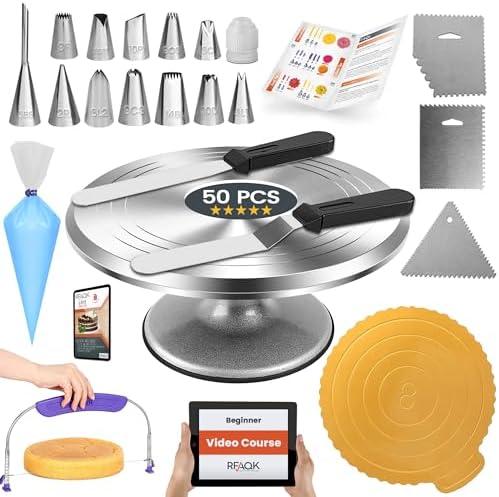 RFAQK 9PCs Cake Decorating Supplies Kit with 12" Aluminum Rotating Cake Turntable Stand, Professional Leveler, Straight & Offset Spatulas, 12 Numbered Icing Tips & Bags