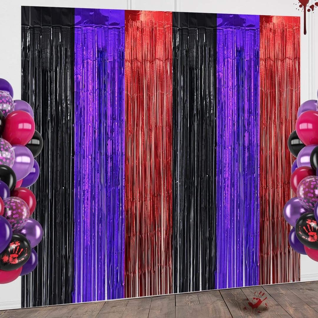 Red Black Purple Foil Fringe Curtains Birthday Decorations, 2 Pack 3.2x6.6ft Video Game Tinsel Backdrop Gamer Photo Booth Props Gaming Birthday Party Decorations Supplies Favors