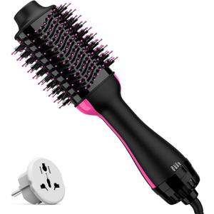 Dual Voltage Hair Dryer Brush with European Plug, Blow Dryer Brush for European Travel, 110V-120V/220V-240V Hot Air Brush and Styler Volumizer with Negative Ion Anti-frizz