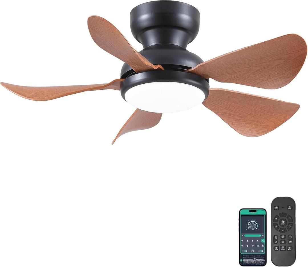 Kviflon 32 Inch Modern Ceiling Fans with Lights, Small Flush Mount Ceiling Fan with Light and Remote/APP Control, 5 Reversible 6 Speeds Curved Blades, 3 CCT Dimmable Lights for Kids Room, Brown