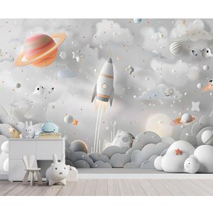 YQWDMX - Grey Cartoon Planet Nursery Wallpaper Mural Mural48 L 160" Wx112 H(Not Peel and Stick)