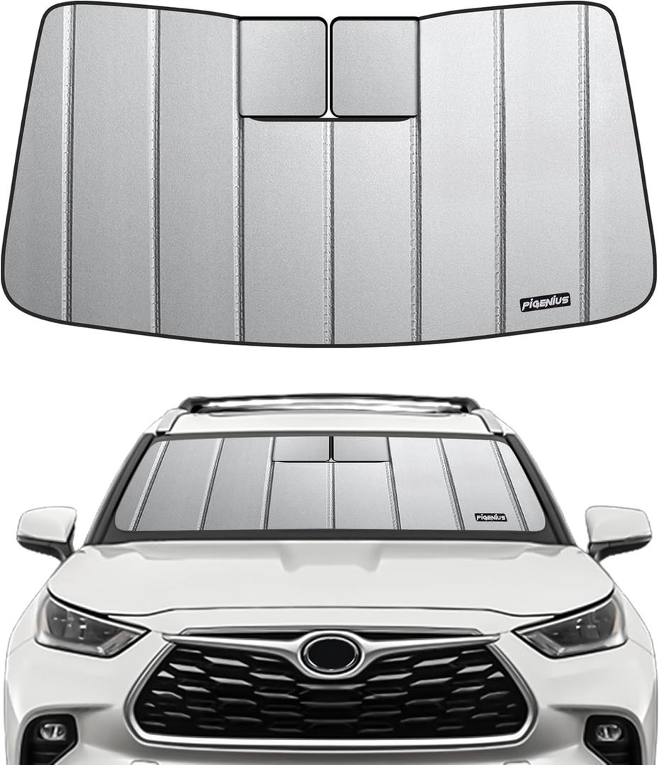 Pigenius Windshield Sun Shade for Toyota Highlander & Highlander Hybrid (Incl. 25th Edition) 2020-2026, NOT for Grand Highlander,Deluxe Front Windshield Sun Shade,6 Layers Sun Shield,Accordion Fold