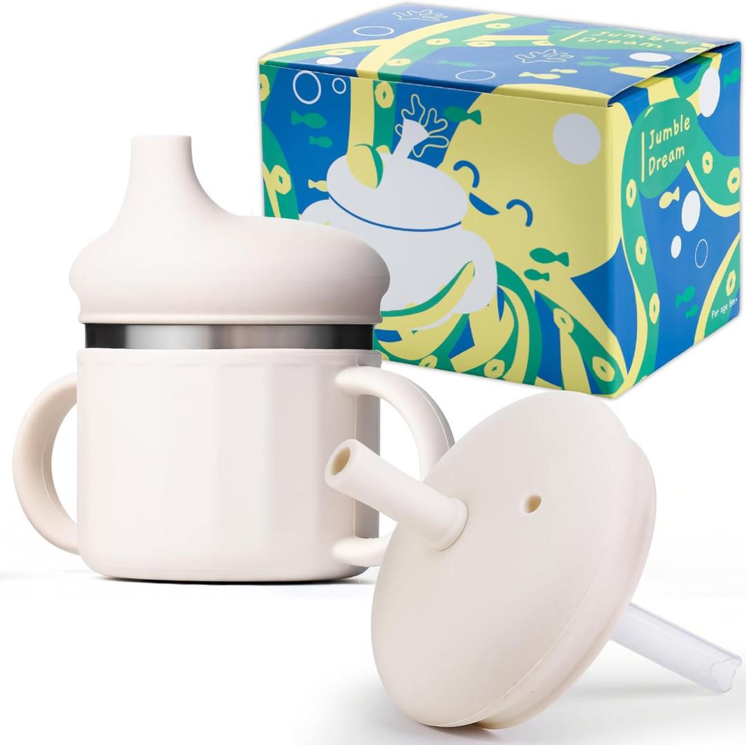 Jumble Dream Stainless Steel and Silicon Sippy Cup Baby Sippy Cup, Training Kids Cups with Silicon Straw, Toddler Tumbler with Spill Proof Straw |Sippy Cup for Toddlers 1-3 Years| BPA Free (Cream)