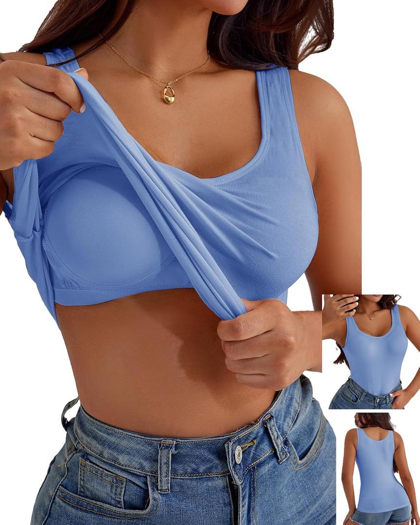 Women's Built-in Bra Tank Tops Sleeveless Casual Shirts Undershirts Fitted Cami Tank Tops (Blue, L)