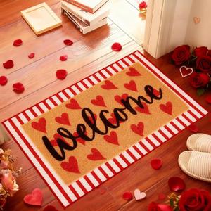 Whaline 2Pcs Valentine's Day Welcome Doormat Set Coir Floor Mat Red Heart Striped Non-Slip Front Door Rug for Indoor Outdoor Home Kitchen Bathroom Entrance Porch Decor