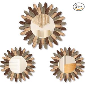 Gulfmew 3 Pcs Boho Wall Decor, Sunburst Round Mirrors, Tril Color, Easy to Hang: 2 pcs round mirrors are 11.8 inch/ 30 cm in diameter, 1 pc is 16.9inch/ 43 cm in diameter,