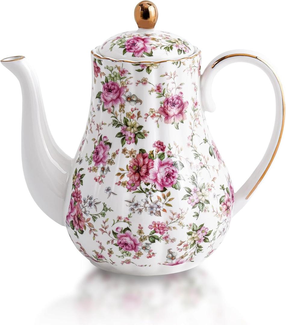 Tea Pot, Porcelain Teapot 37oz,tea pots for tea party,Tea Infuser Pots for Blooming loose Leaf Tea (White with flower)
