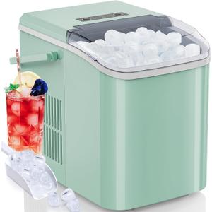 OLIXIS Portable Ice Machine Maker Countertop with Handle, Ice Cube Maker 9 Cubes in 6 Mins, 26.5lbs/24Hrs, 2 Sizes of Bullet Ice, Ice Scoop, Basket for Home Kitchen Office, Green