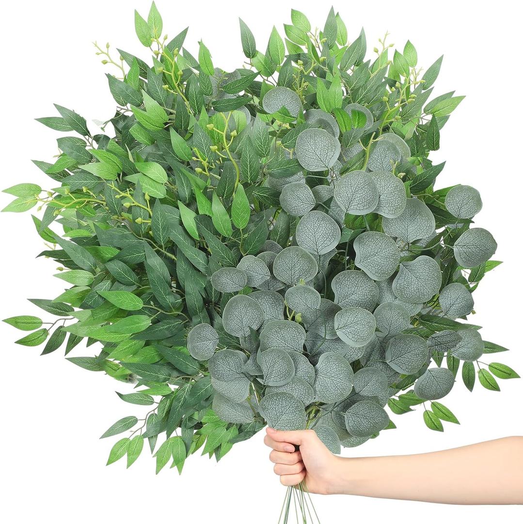 Giegxin 18 Pack 22inch Italian Ruscus Artificial Greenery Stems Faux Silk Green Leaf Eucalyptus Stems Greenery Leaves Plants Garland Vines Hanging Spray Branches for Wedding Vase Arch Home Decor