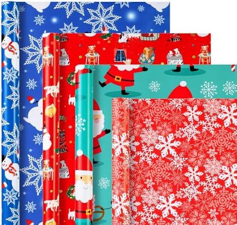 Christmas Wrapping Paper (4 Rolls: 148 sq. ft. ttl) Funny Snowmen, Snowflake, Dogs, Christmas Trees and Santa Claus with Gifts - Christmas Elements Collection - 30 inches x 14.8 feet Per Roll