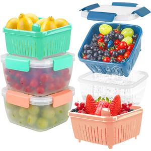 50oz Berry Keeper Fruit Storage Container for Fridge, Fresh Food Produce Saver Containers with Removable Drain Colanders, Vegetable Lettuce Keeper Bowl, Refrigerator Organizer, PRESS TO OPEN CLOSE LID (3 PCS Square Blue+Green+Pink)