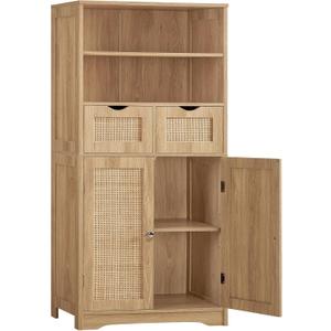 Iwell Tall Storage Cabinet, Rattan Cabinet with 2 Drawers & Adjustable Shelf, Kitchen Pantry Storage Cabient, Entryway Cabinet for Living Room, Dining Room, Home Office, Natural, 49.4''h