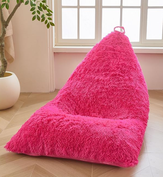 XeGe Fluffy Kids Stuffed Animal Storage Bean Bag Cover (No Filler), Fuzzy Faux Fur Beanbag Organizer with Handle for Teens Girls Adults, Shaggy Furry Plush Toys Holder Floor Lounger Chair, Hot Pink