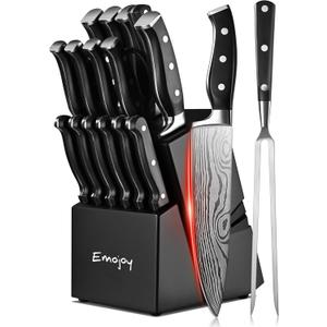 Knife Set, Emojoy 18-Piece Knife Sets for Kitchen with Block, Stainless Steel Kitchen Knives with Built-in Sharpener, Shears and Carving Fork, Black