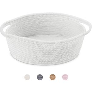 ABenkle Small Basket with Handles, Boho Decorative Rope Woven Dog Cat Toy Storage Bin Shelf Storage Organizer, Easter Christmas Gift Basket, 12"x8"x5", White