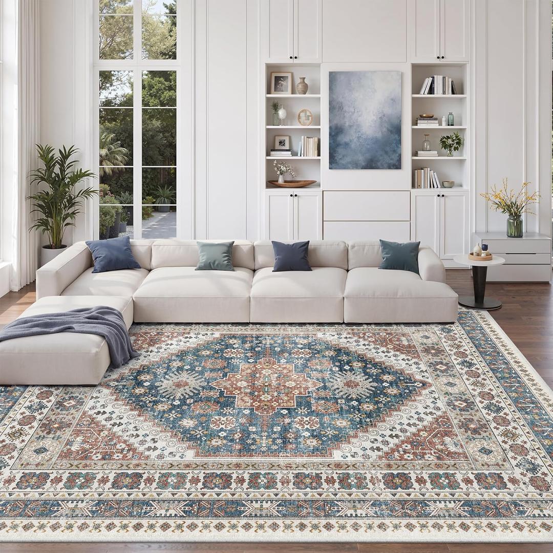 zesthome 8x10 Area Rugs for Living Room,Non-Slip Backing Washable Rugs,Vintage Large Area RugStain Resistant Home Decor Rug (Navy Blue/Red,8'x10')
