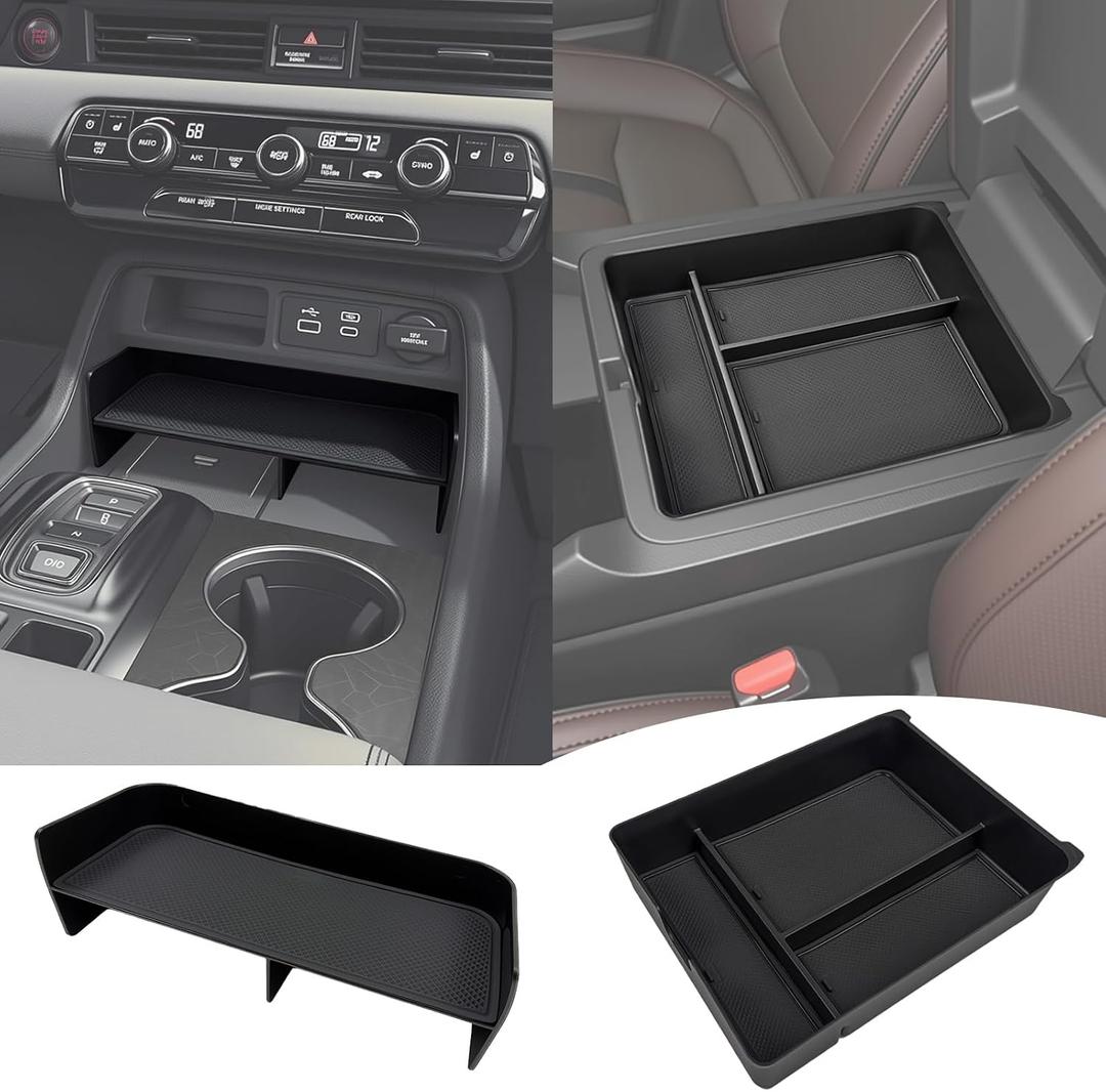 2PCS Center Console Organizer for 2023-2026 Honda Pilot & 2026 Passport Armrest Insert Secondary Storage Box Divider for 23-26 Pilot/26 Passport Accessories(Console Tray+Armrest Organizer)
