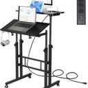 Hadulcet Mobile Standing Desk with Charging Station, Adjustable Standing Computer Desk, Standing Adjustable Laptop Cart with Wheels for Home Office Classroom Black (Upgrade)
