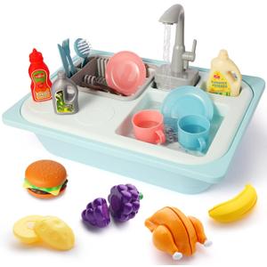 Asweets Color Changing Kitchen Sink Toys, Toddler Sink Toys with Running Water, Pretend Play Toys with Upgraded Faucet, Automatic Water Cycle System (Blue)