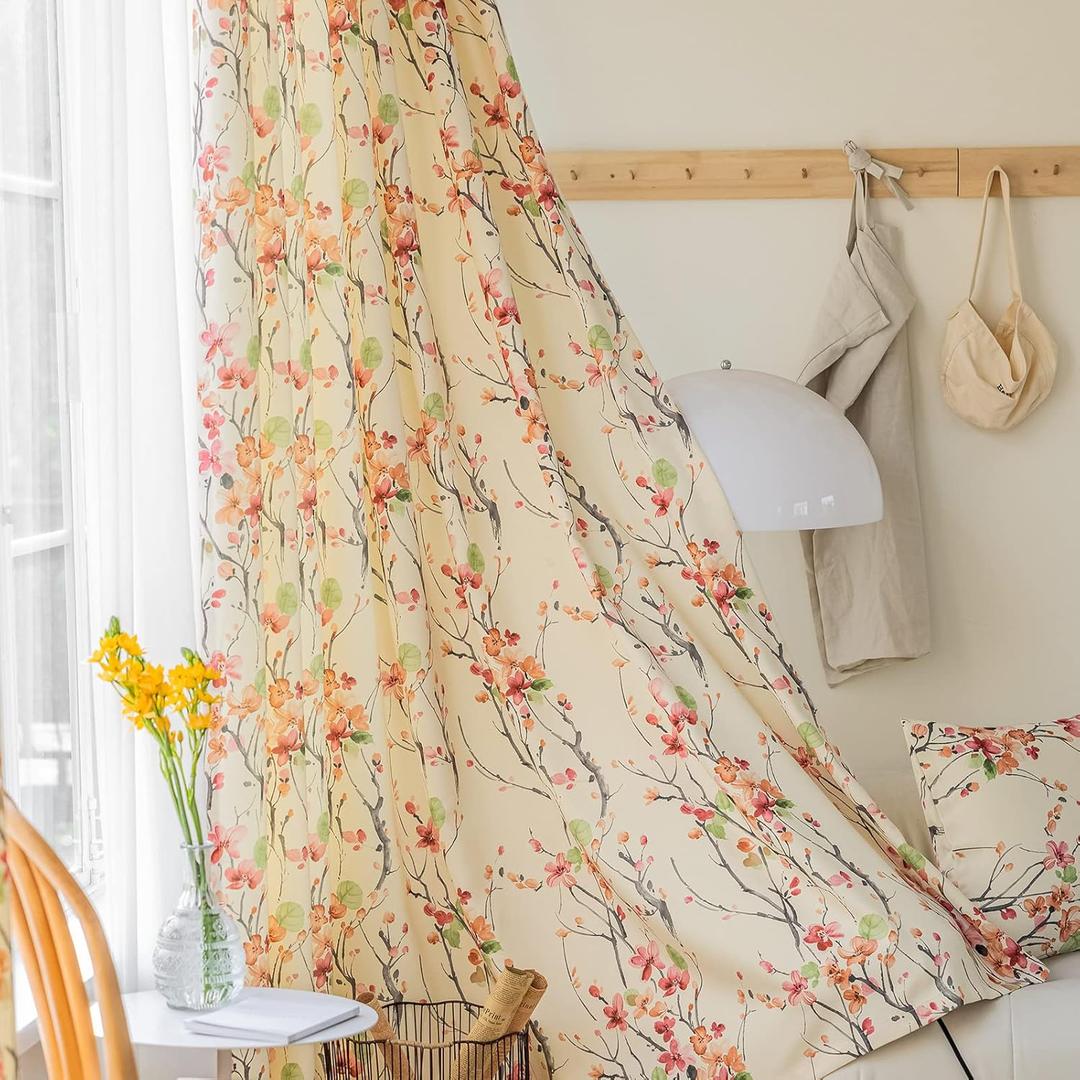 Pink Cherry Floral Chenille Curtains for Bedroom Dining Living Room Patterned Blossom Farmhouse Light Filtering 96 Inches Long 2 Panels Window Drapes Set