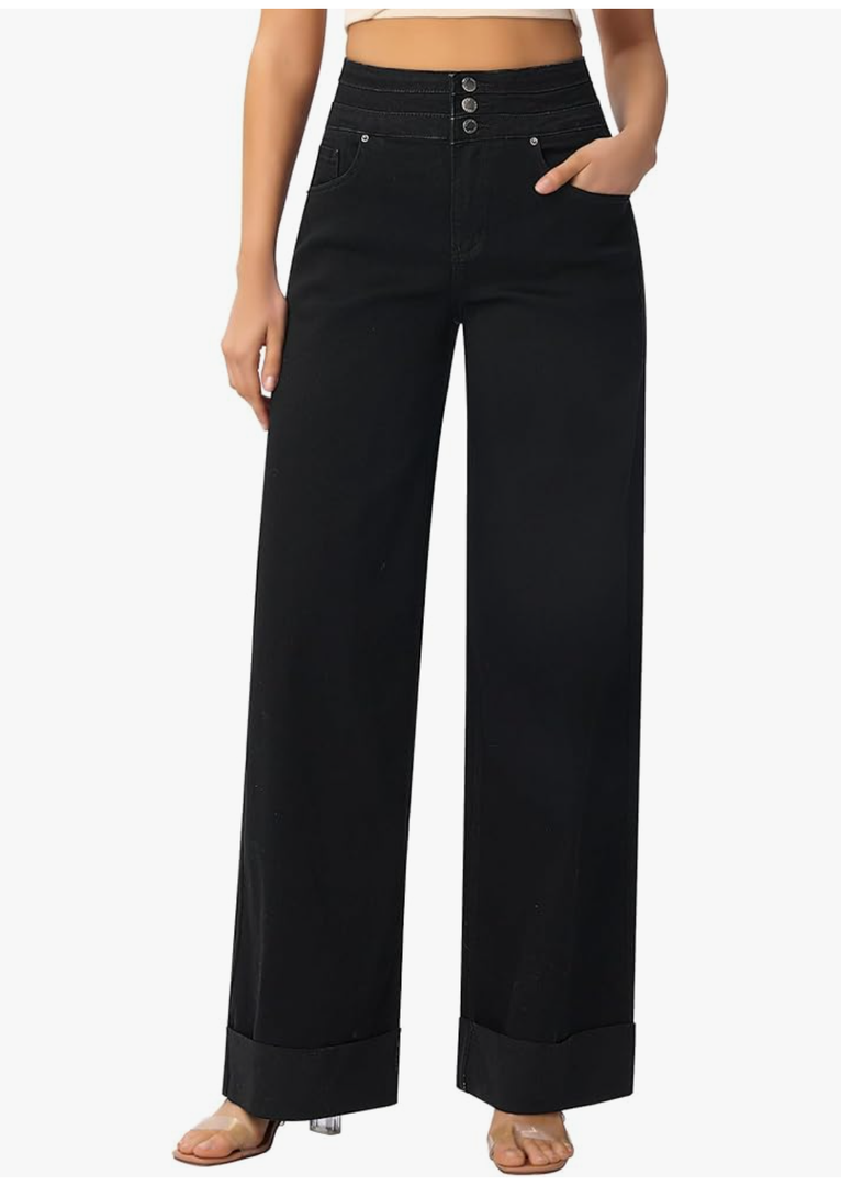 roswear Women's High Waisted Stretchy Wide Leg Jeans Cuffed Baggy Jeans Loose Denim Pants XL