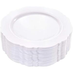 WDF 60pcs White Plastic Plates -10.25inch Baroque White Disposable Dinner Plates for Upscale Parties & Wedding & Independence Day (10.25 inch)
