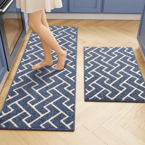 hicorfe Kitchen Runner Rug,Set of 2 Non Slip Kitchen Mats for Floor,Comfort Washabe Kitchen Rugs Carpet for Hallways Entryway Laundry Room(20"x32"+20"x48",Navy Blue)
