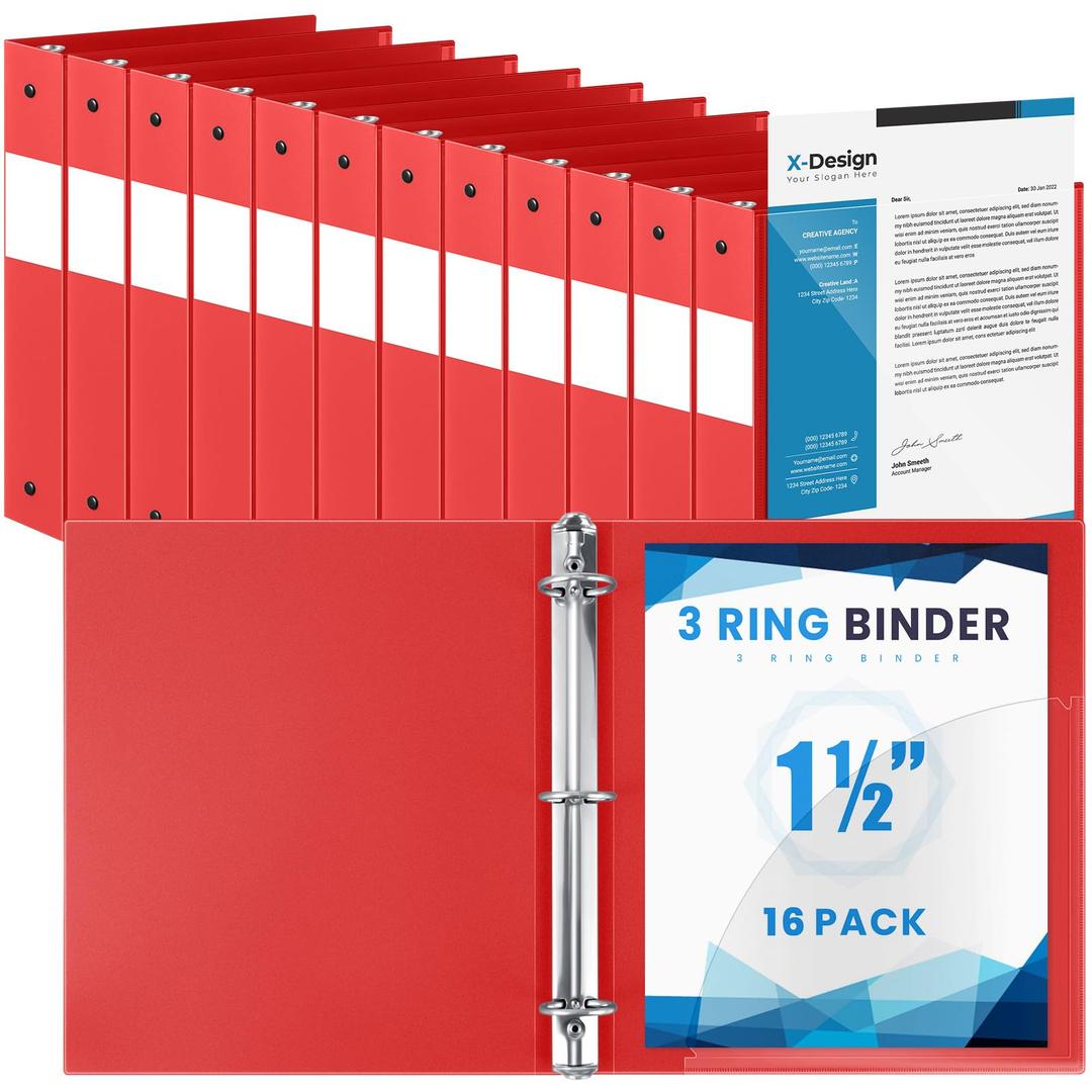 Henoyso 24 Pcs 1.5 Inch 3 Ring Plastic Binder, 1.5 Inch, Red